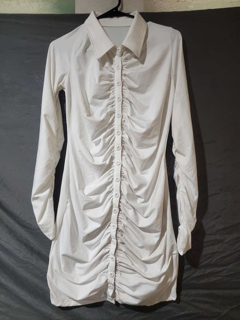 EUC White Ruched Button Front Long Sleeve Bodycon Mini Shirt Dress Size XL
